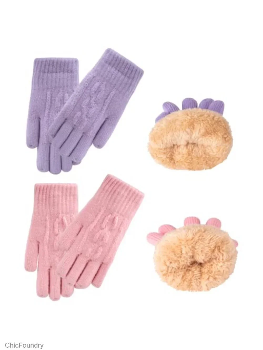 Kids Winter Knit Gloves 2 Pair Thermal Cable Knitted Mittens Fleece Lined Warm
